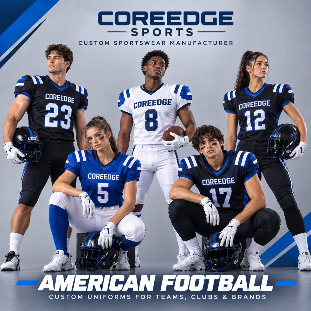 Custom American football uniforms manufacturer offering football jerseys, team uniforms, football pants, and custom teamwear for clubs, schools, teams, and sports brands.