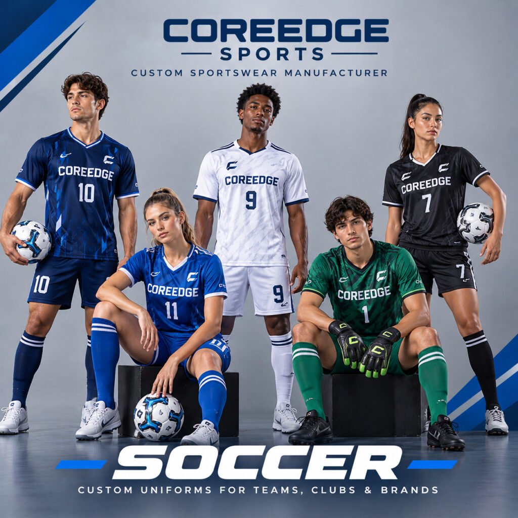 Custom soccer uniforms manufacturer offering soccer jerseys, football kits, team uniforms, soccer shorts, and custom teamwear for clubs, schools, academies, and sports brands.