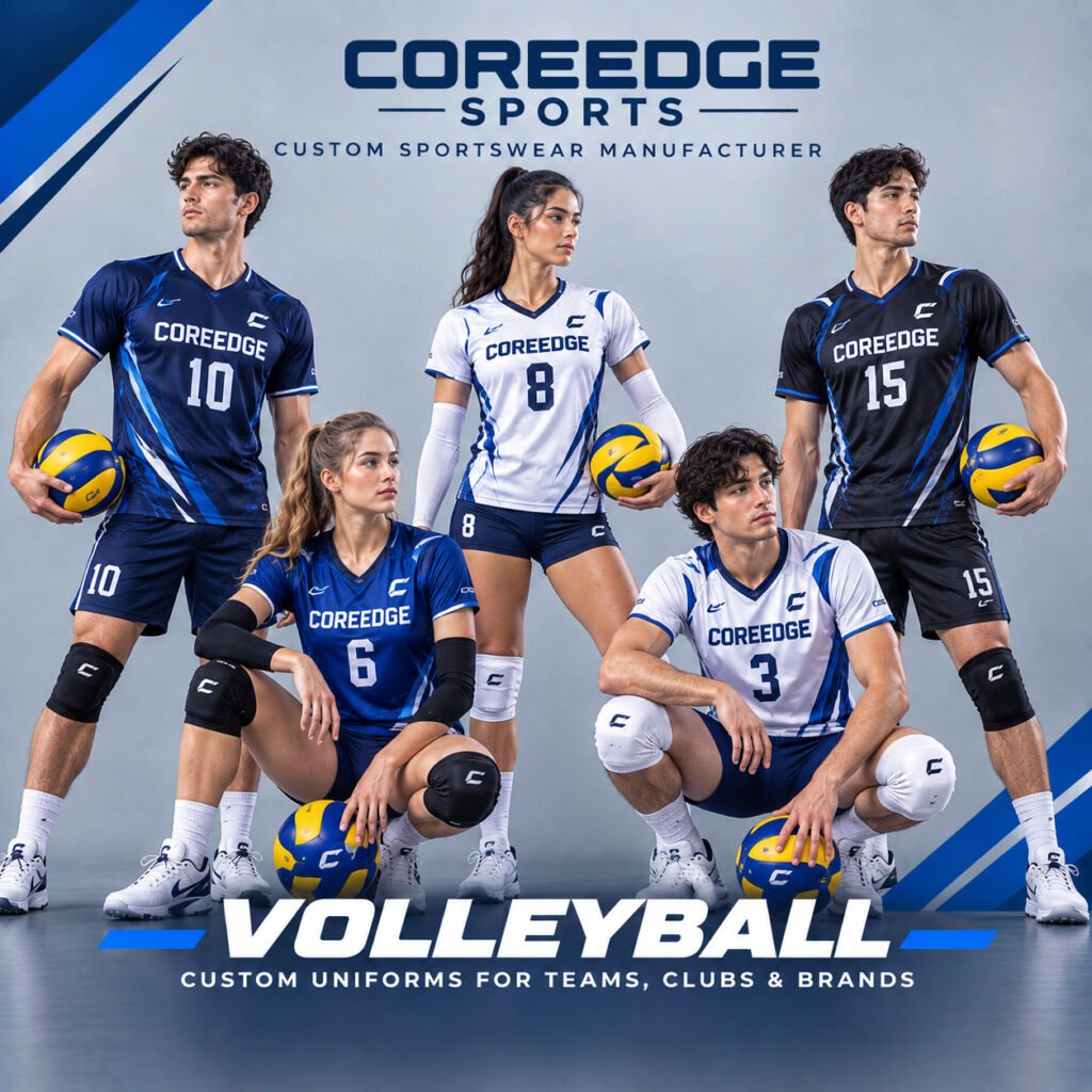 Custom volleyball jerseys manufacturer producing premium volleyball team uniforms, personalized jerseys, and custom teamwear for clubs, schools, teams, and sports brands.