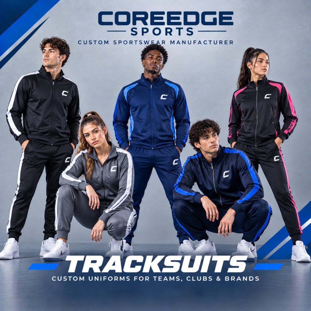 Custom warm up suits manufacturer producing team tracksuits, sports warm-up suits, training tracksuits, and personalized teamwear for clubs, schools, and sports teams.